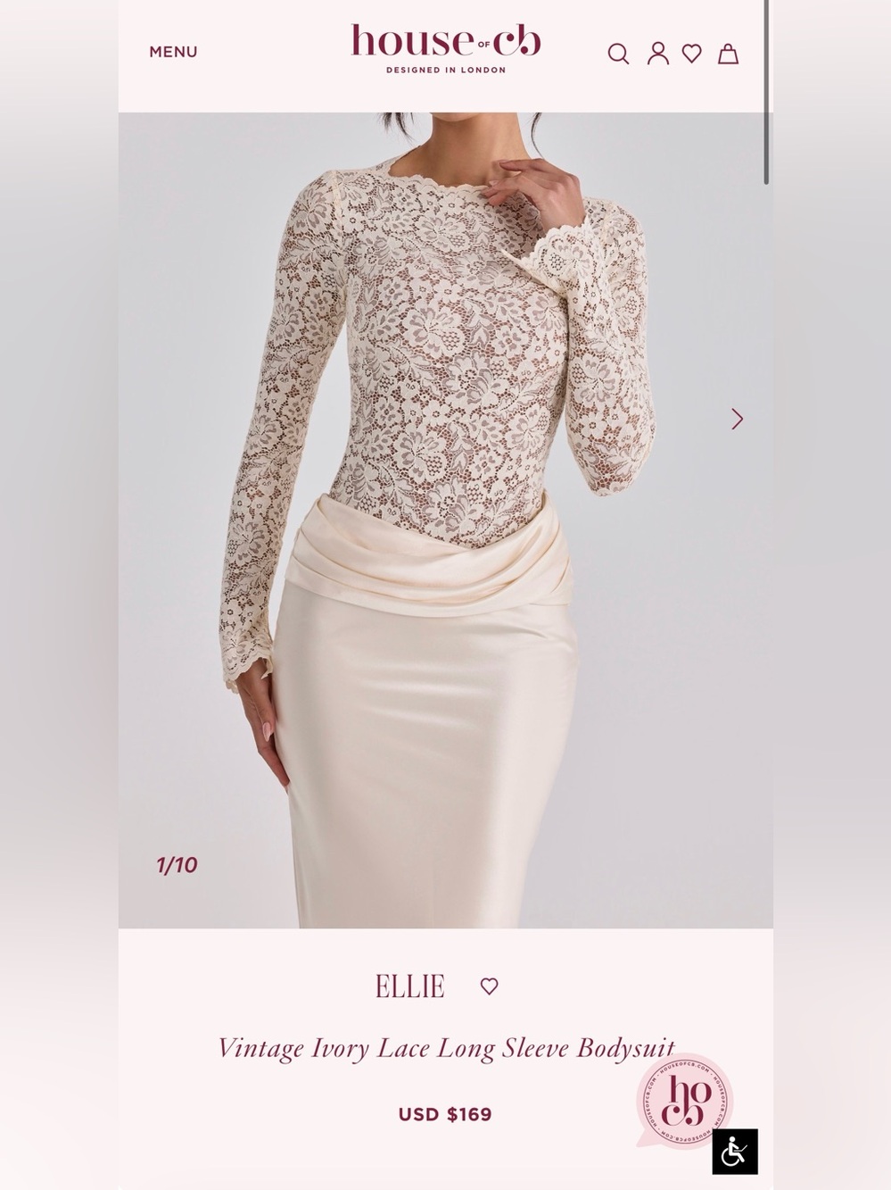 Ivory Lace Long-Sleeve Bodysuit and satin skirt